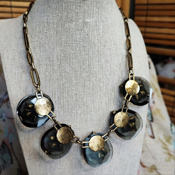 Transparent Acrylic Smoke Clear Rhinestone Oxidized Brass Statement Necklace - Picture 3 of 12